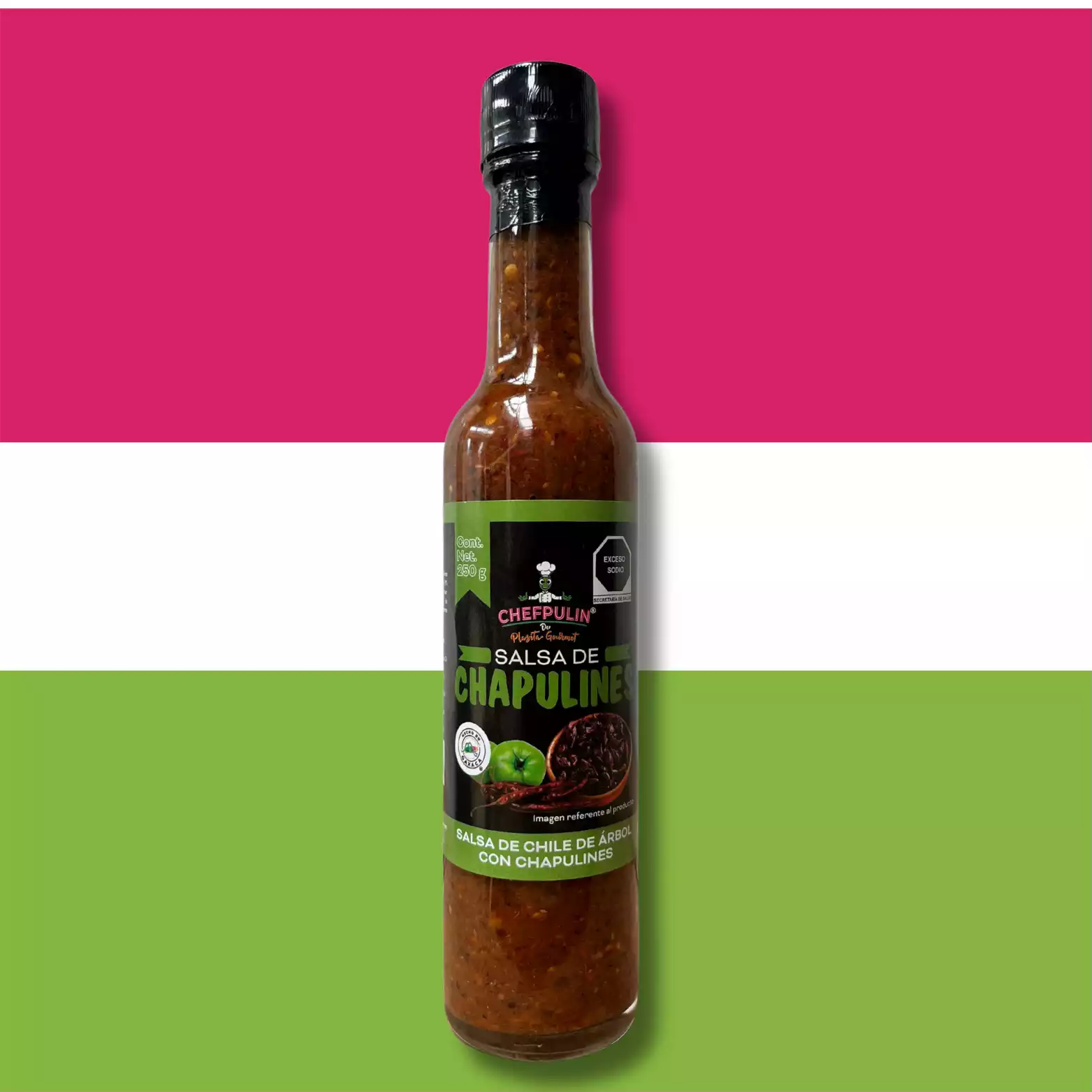 Salsa de chile de arbol con chapulin bote de vidrio 250ml